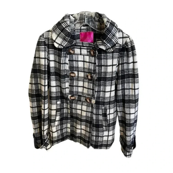 Pink Envelope Plaid Hooded Button Down Black and White Peacoat Junior’s Large - Picture 3 of 13